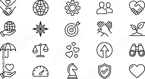 Minimal values trust and business ethics outline icon set for leadership teamwork growth user interface web app vector
