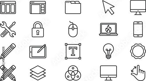 Minimal web and app user interface outline icon set for design tools development software navigation vector illustration
