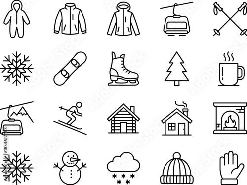 Minimal winter and ski sport outline icon set for cold season activities holiday travel lifestyle vector design