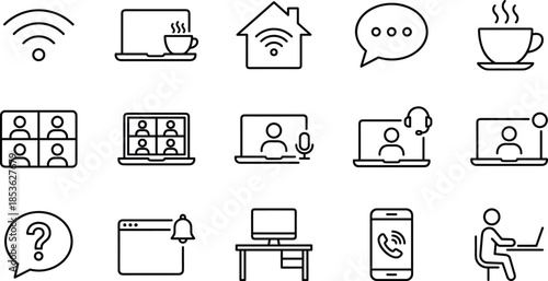 Professional remote work line icons set featuring video conference, home office desk, wifi signal, digital communication and virtual team meeting symbols