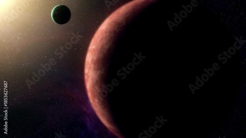 Cinematic motion render of sci fi space alien planet and moon near a glowing star, detailed exoplanet surface, deep space background, dramatic lighting, futuristic and mysterious mood