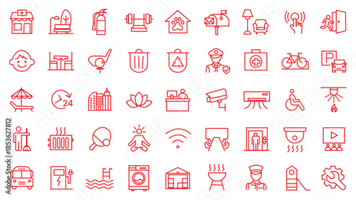 Building amenities icon set. Editable line icons. Vector illustration.