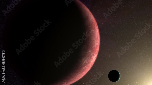 Cinematic motion render of sci fi space alien planet and moon near a glowing star, detailed exoplanet surface, deep space background, dramatic lighting, futuristic and mysterious mood
