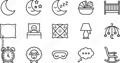 Sleep and bedtime outline icon set with moon, baby, crib, pillow, alarm clock, night routine, nursery symbols