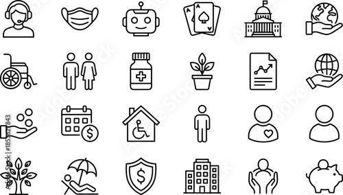 Social care and public service icons set, healthcare, support, charity, insurance, government, community, human services symbols