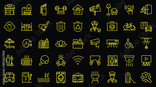 Building amenities icon set. Editable line icons. Vector illustration.