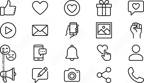 Social Media Linear Icon Set with Heart Like Notification Message Camera Video Gift and Communication Symbols for Web App Interface Design
