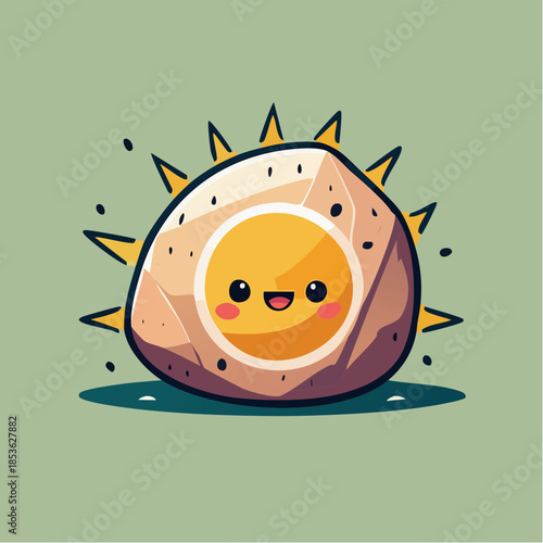 Cartoon illustration of a cute fried egg with a smiling face and sun-like spikes around it.
