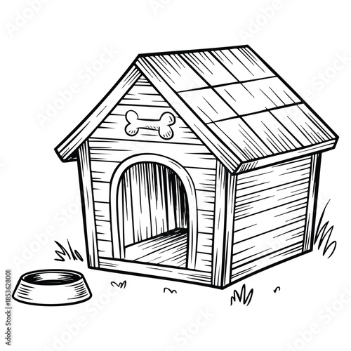 Hand drawn dog house with dog food vector illustration perfect for pet themed artwork home animal care design and cartoon style creative element