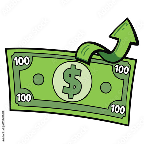 Hand drawn dollar inflation symbol doodle vector showing hundred dollar bill with green upward arrow isolated ideal for finance economy and growth concepts