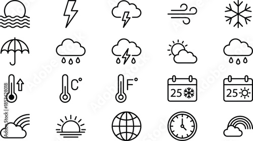 Weather and climate icons set, forecast symbols, temperature, storm, rain, wind, seasonal weather conditions, meteorology illustration collection
