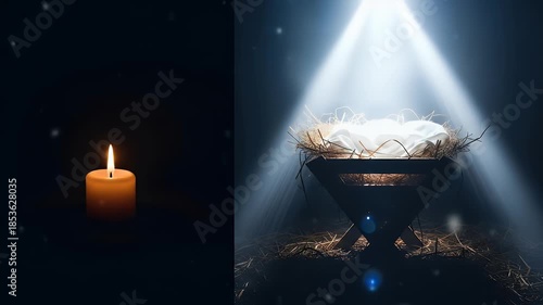 Dramatic illuminated crib and candle moody warm light and shadows symbolic of christmas and religious themes in a dark atmospheric setting