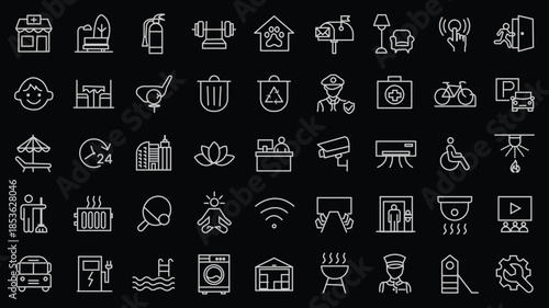 Building amenities icon set. Editable line icons. Vector illustration.