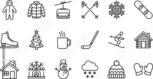 Winter Season and Outdoor Activities Line Icon Set Featuring Skiing, Snowboarding, Christmas, Warm Clothing, Cabin, Snowman, and Cold Weather Equipment Assets.