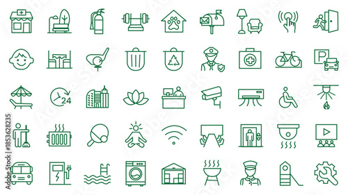 Building amenities icon set. Editable line icons. Vector illustration.