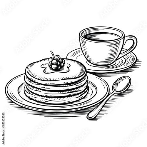 Hand drawn realistic sketch of American breakfast with pancakes and coffee perfect for food design cafe menu culinary and breakfast themed artwork