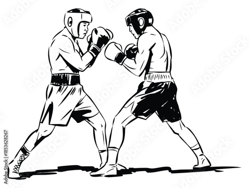 Hand drawn sketch of battle between two boxers black and white vector illustration suitable for sports action design competition or athletic themed artwork
