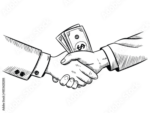Hand drawn sketch of business handshake with corruption concept suitable for business ethics awareness fraud dispute and corporate misconduct illustrations