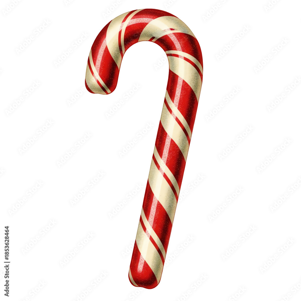 Fototapeta premium A large red and white striped candy cane against a clean white background with a shiny reflective surface.