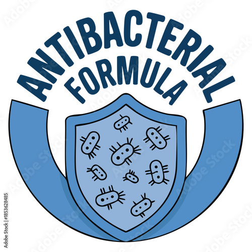 Hand drawn vector isolated antibacterial formula stamp shield with crossed bacteries ideal for medical, antiseptic, cosmetic, and pharmaceutical product designs