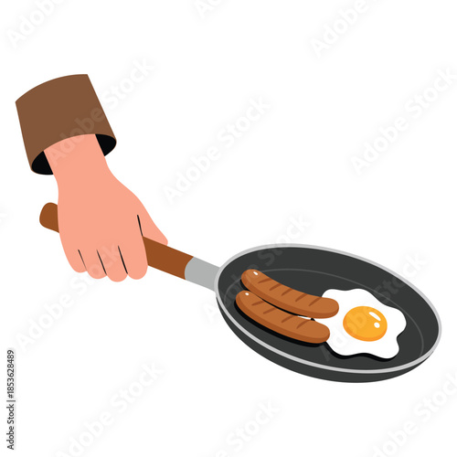 Hand holding frying pan with egg and sausage vector illustration. Cooking utensil concept ideal for kitchen food preparation breakfast and culinary themed designs