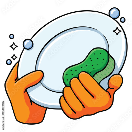 Hand washing dish with sponge vector illustration on white background depicting cleaning and housework concept perfect for domestic chores