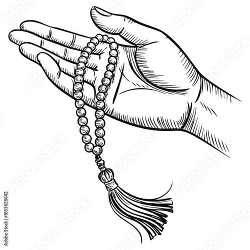Hands holding a Muslim rosary hand drawing illustration perfect for spiritual religious themed artwork prayer and devotion design elements