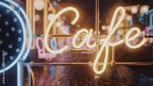 Neon-lit cafe exterior at night with glowing chairs and tables.