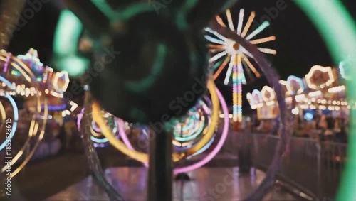 Colorful Neon Lights Spin at Night Carnival.