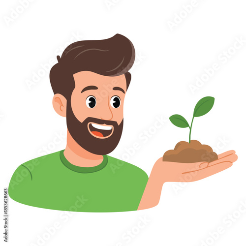 Hands holding soil with seedling man vector illustration showing gardening growth nature care environment nurturing and green life starting concept design