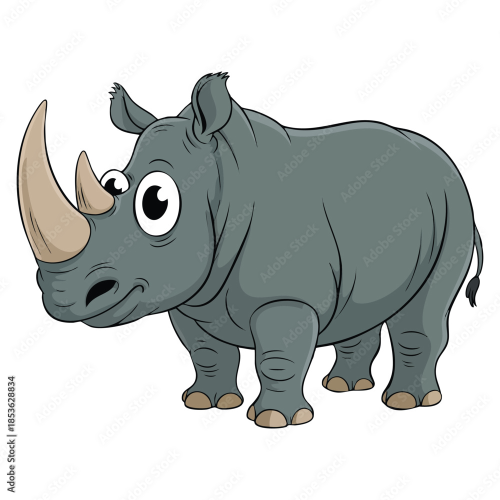 Fototapeta premium Happy cute rhino illustration on white background vector design element perfect for cartoon animal wildlife playful and creative artwork projects