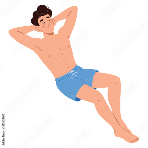Happy teenage boy sunbathing vector illustration child enjoying summer vacation isolated on white background perfect for holiday and seasonal themes