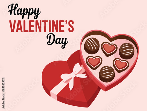Happy Valentines Day greeting card with heart shaped chocolate box flat vector style perfect for romantic couple gift and celebration themed artwork
