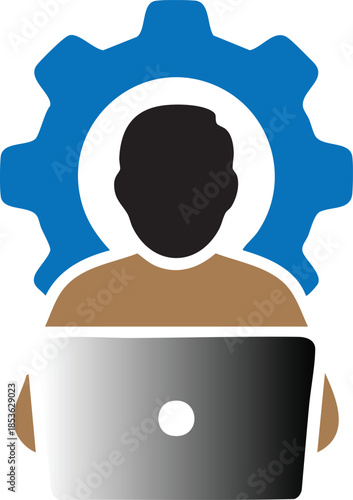 Technical Support User Icon Illustration, IT Service Settings and Laptop Design