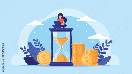 Woman working on a laptop on top of a large hourglass with coins, representing time management, investment return, and productivity.