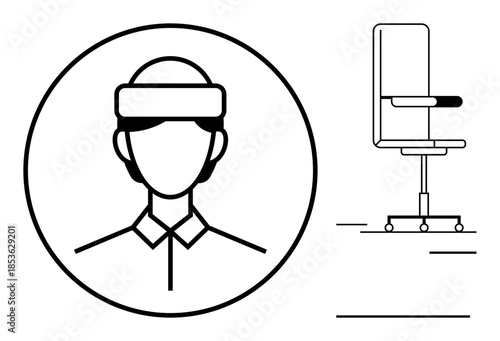 Virtual reality, workplace setup, technology usage, digital innovation, ergonomic essentials, user interface. Simple outline of a person with VR headset and office chair. Virtual reality