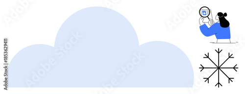Cloud computing. Cloud icon with researcher analyzing data using magnifying glass. Cloud computing links snowflake-themed data insights. For technology, IT, weather, data science, innovation