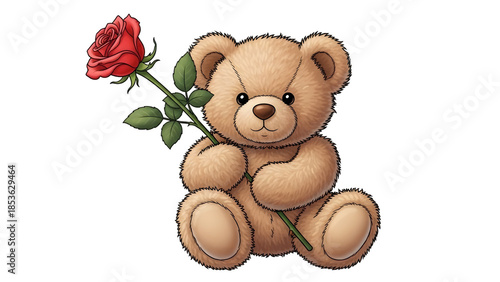 Cute teddy bear holding red rose isolated on transparent background