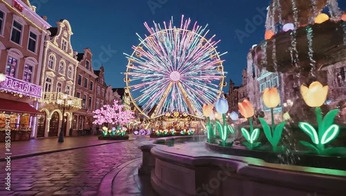 Nighttime Ferris Wheel and Fireworks Display in a European City Square.