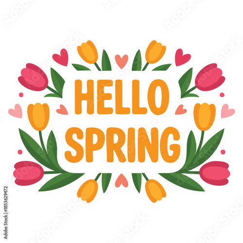 Hello spring quote floral vector illustration hand drawn prints perfect for cheerful springtime posters postcards stickers and seasonal positive themed designs