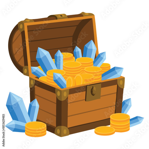 Hidden treasure half open pirate chest with golden coins and blue crystal gems vector illustration perfect for game design variation and riches reward themes