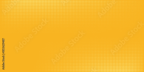 Yellow halftone pattern. Retro comic gradient background. Bright orange pixelated dotted texture overlay. Cartoon pop art faded gradient pattern. Vector backdrop for poster, banner, advertisement