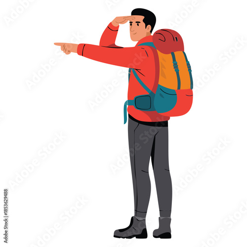 Hiking adventure vector illustration of man with backpack pointing finger suitable for travel camping backpacking trip or expedition inspired creative artwork