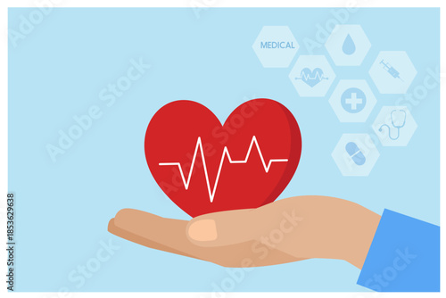 Doctor hand holding heart with ECG EKG electrocardiogram. Medical health checkup, hospital service and health insurance concept. 