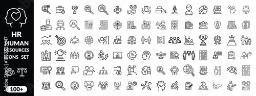 Set of   outline icons related to HR, Human Resources, Recruitment, Employment, business, office, company, management. Linear icon collection. Editable stroke. Human Resources big icon set design .