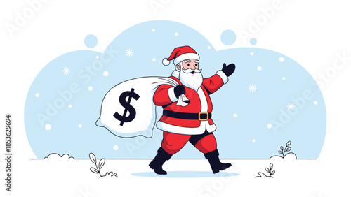 Cartoon Santa Claus walking in the snow and carrying a large white sack with a dollar sign, symbolizing Christmas bonuses or holiday spending.