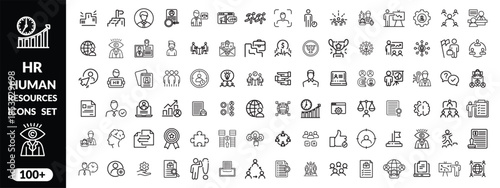 Set of   outline icons related to HR, Human Resources, Recruitment, Employment, business, office, company, management. Linear icon collection. Editable stroke. Human Resources big icon set design .