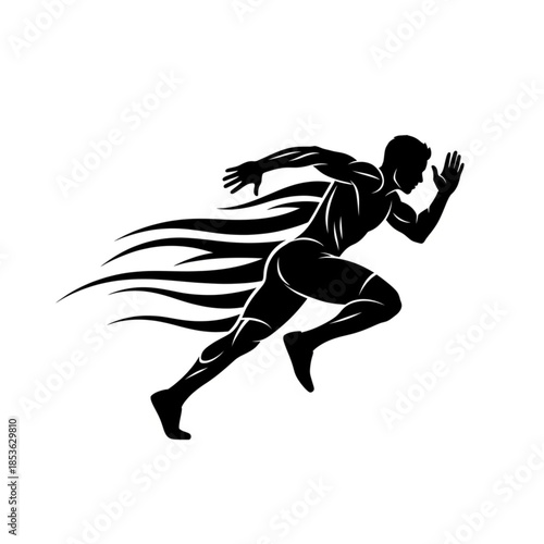 Black silhouette icon of a muscular male runner sprinting with stylized speed lines, perfect for sports, fitness, and competitive logos.