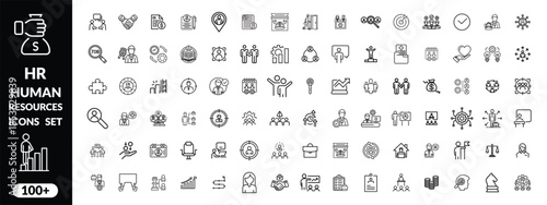 Set of   outline icons related to HR, Human Resources, Recruitment, Employment, business, office, company, management. Linear icon collection. Editable stroke. Human Resources big icon set design .