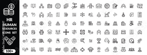 Set of   outline icons related to HR, Human Resources, Recruitment, Employment, business, office, company, management. Linear icon collection. Editable stroke. Human Resources big icon set design .